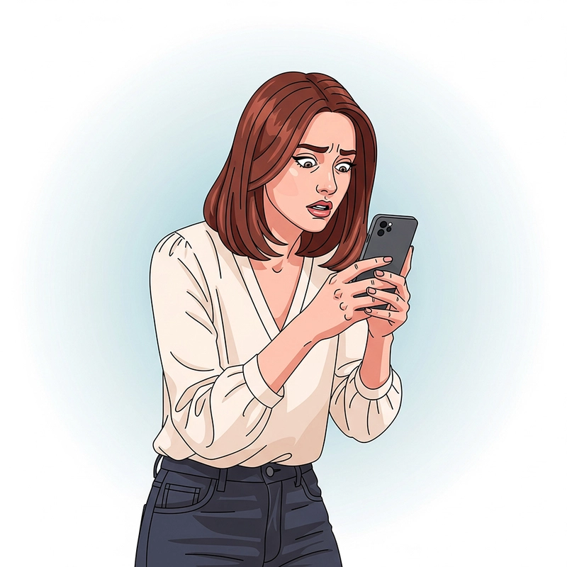 زنی که با اضطراب به تلفن نگاه میکند