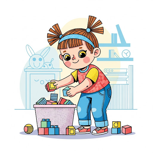 کودک در حال مرتب کردن اسباب‌بازی‌هایش