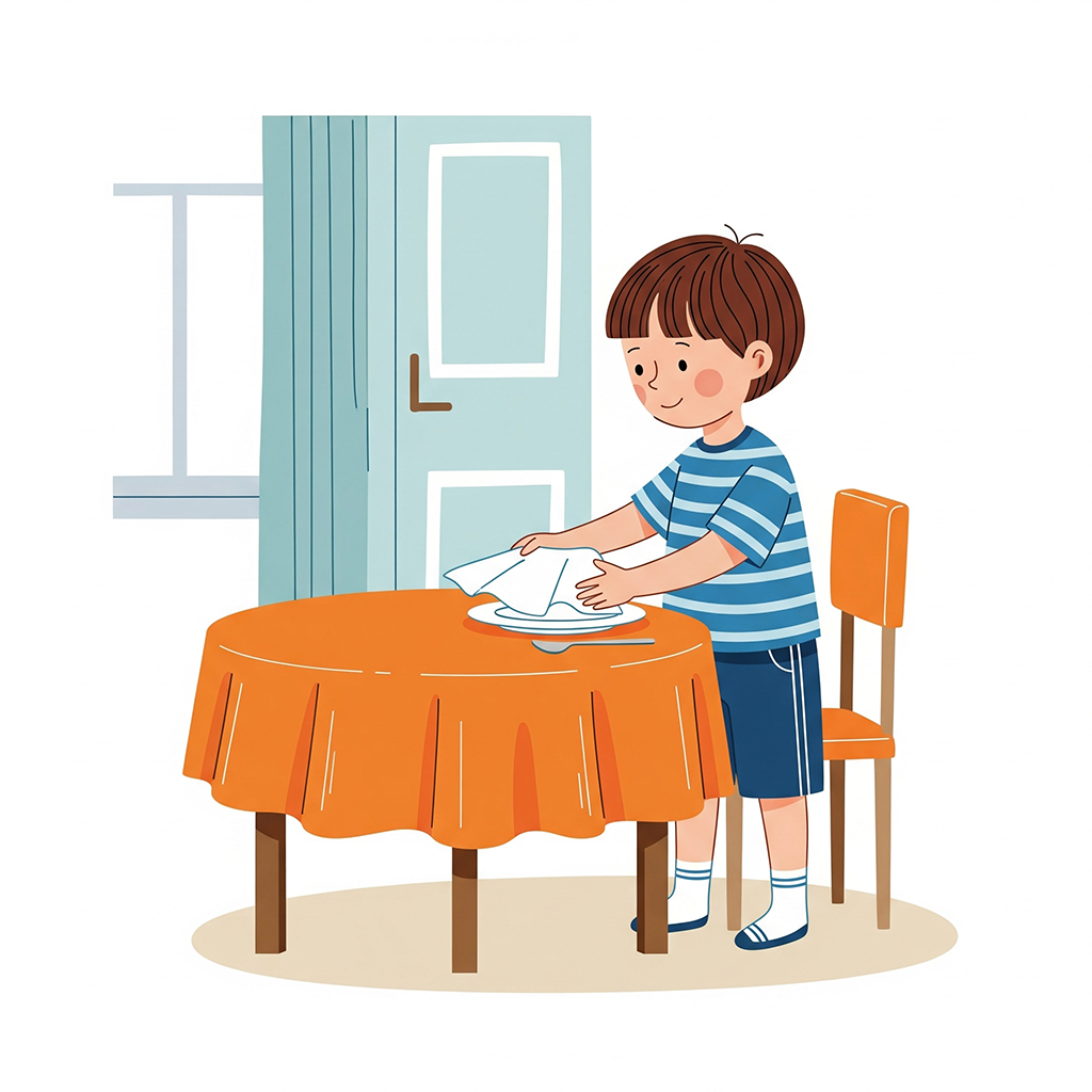 کودک در حال انجام وظیفه‌ای ساده مانند چیدن میز