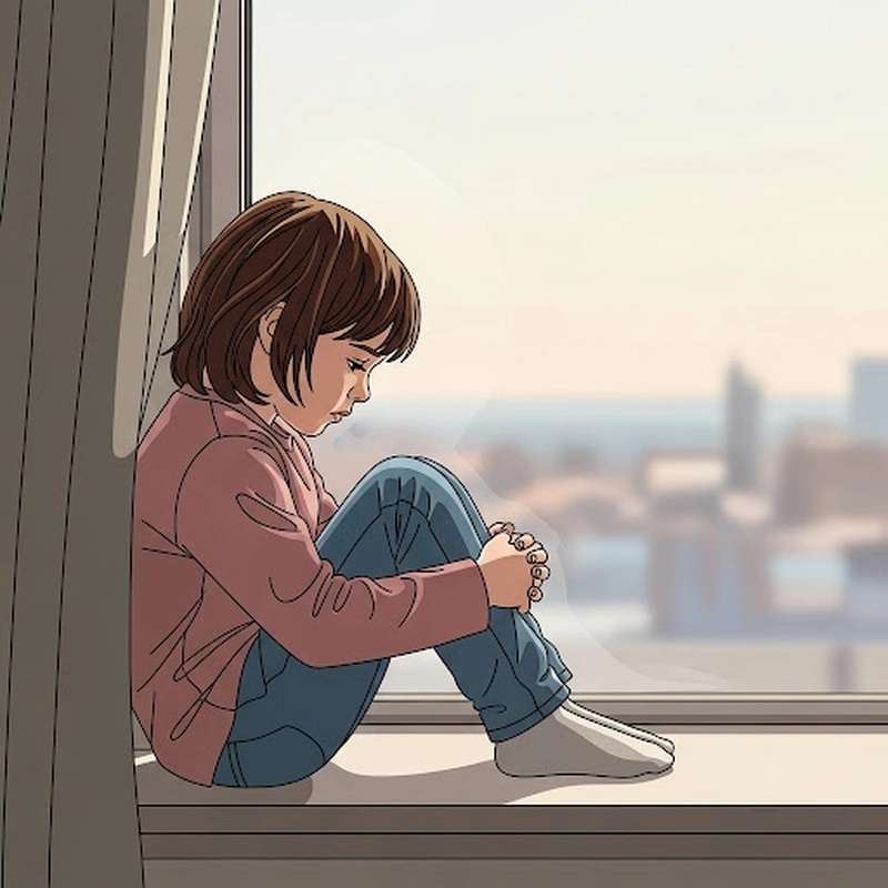 کودک غمگین نشسته کنار پنجره