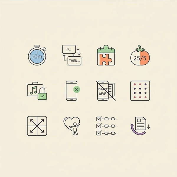 اینفوگرافیک جعبه‌ابزار ضد اهمال‌کاری: 14 ابزار از شروع 10 دقیقه‌ای تا زمان‌بندی و پیش‌تعهد