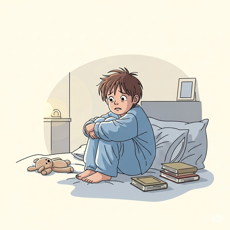 کودک نگران با نگاه غمگین در اتاق خواب