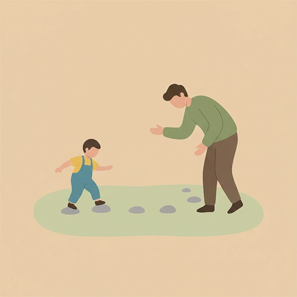 کودک در حال عبور از سنگ‌فرش‌های کوچک با تشویق والد؛ نمادی از چالش‌های قابل‌مدیریت