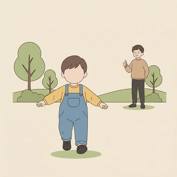 کودک با گام‌های مطمئن در پارک راه می‌رود و والد از دور با علامت شست‌بالا تشویق می‌کند؛ نماد استقلال سالم