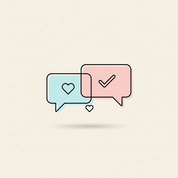 تصویر مفهومی انتقاد محترمانه: دو حباب گفت‌وگو با تیک و قلب به نشانهٔ توجه و احترام