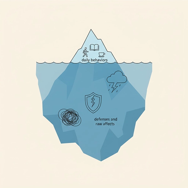 نماد کوه یخِ روان: بخش بالای آب رفتارهای روزمره و زیر سطح نام‌های دفاع‌ها و هیجان‌های خام