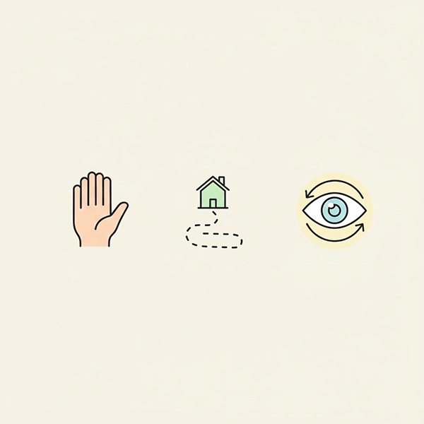 سه آیکون نشانه‌شناسی: دستِ سلام به غریبه، مسیر نقطه‌چین دور شدن از خانه، و چشمِ بدون رجوع به مراقب