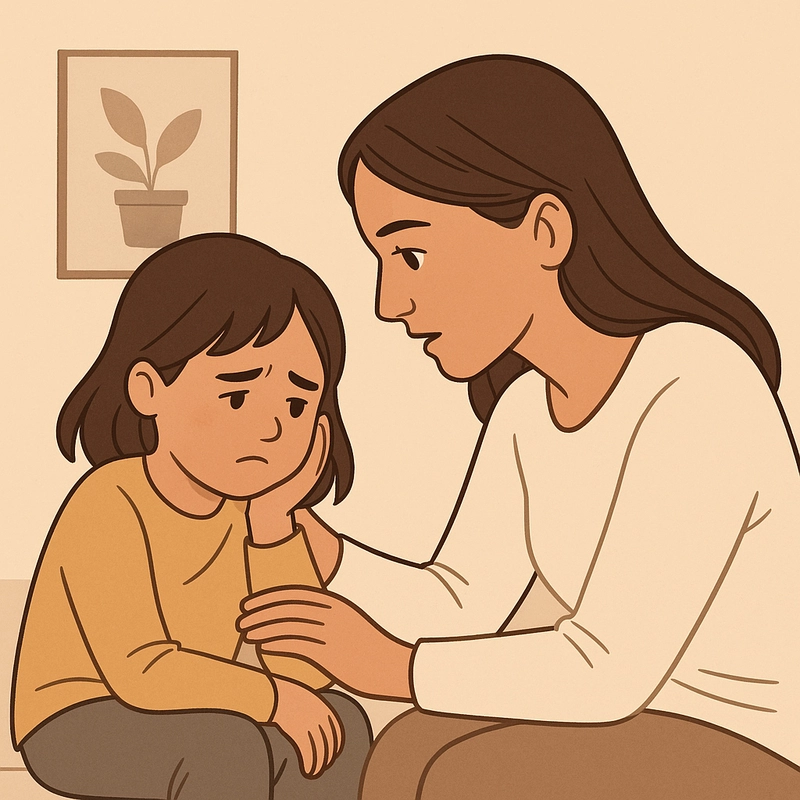 مادر در حال گفتوگوی آرام با کودک ناراحت