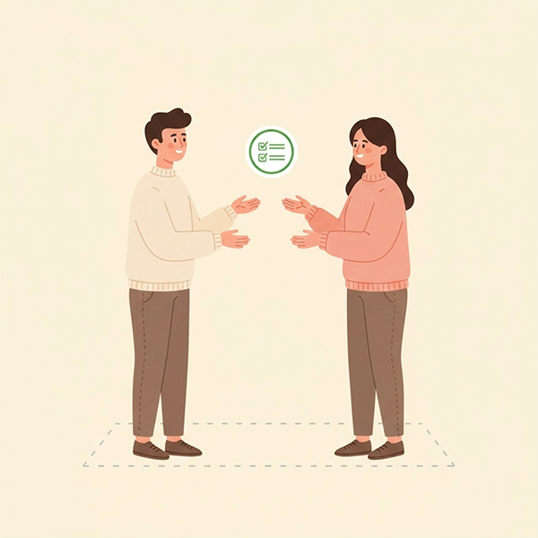 دو فرد در گفت‌وگویی محترمانه با مرز مشخص و نماد چک‌لیستِ برنامهٔ جبران و اصلاح