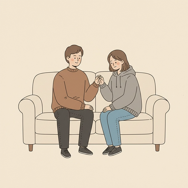 نشستن والد و نوجوان روی مبل با لبخند و تماس کوتاه دست‌به‌دست؛ صمیمیت آرام و محترمانه