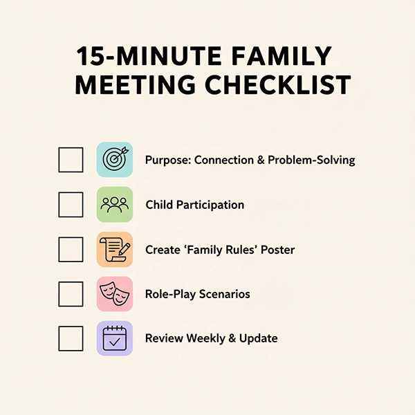 چک‌لیست نشست خانوادگی: هدف، مشارکت کودک، نوشتن پوستر، تمرین و مرور هفتگی