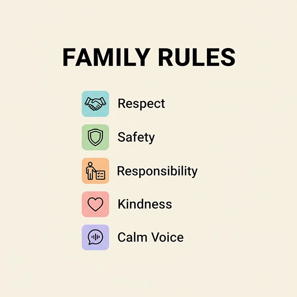 پوستر قوانین خانواده با 5 اصل: احترام، امنیت، مسئولیت، مهربانی و صدای آرام