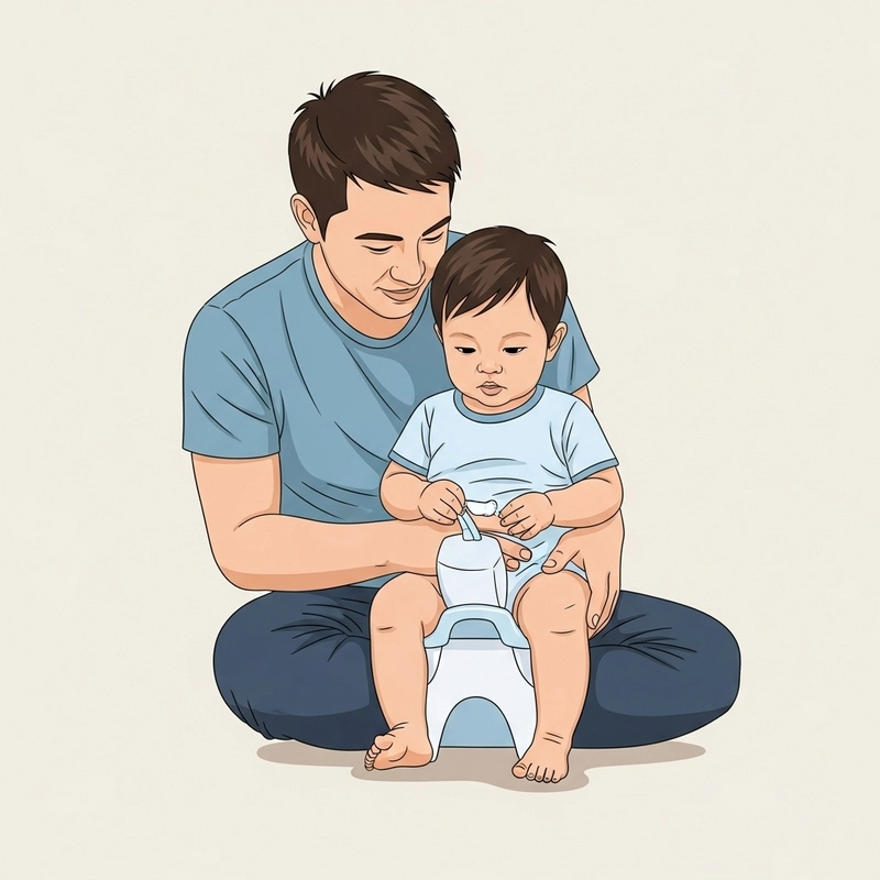 پدری که با کودک خود هنگام آموزش توالت رفتن همراهی میکند