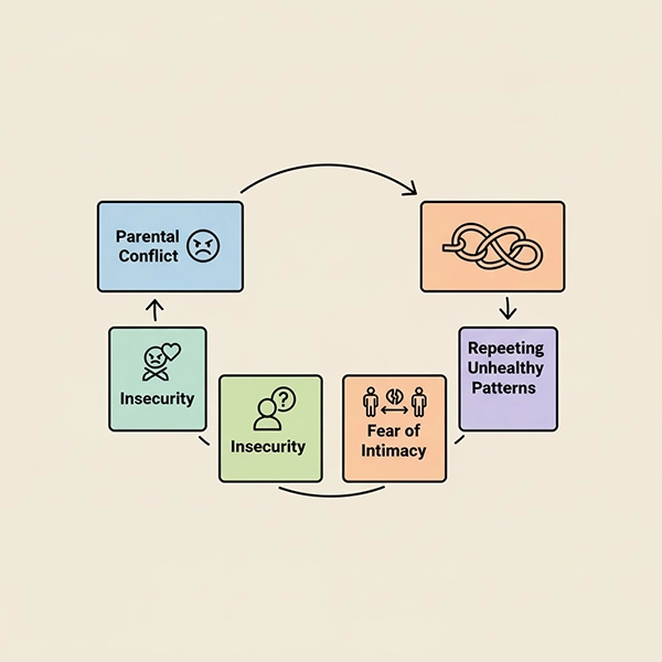 چرخهٔ ترس از صمیمیت: دعوای مکرر والدین → ناایمنی → دوری یا چسبندگی در روابط آینده
