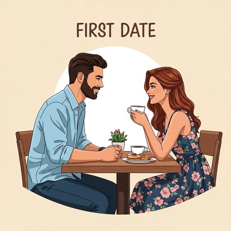 مرد و زن در حال لبخند زدن در قرار اول، با نگاه عاشقانه