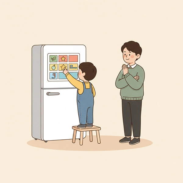 کودک یک ستاره روی جدول کارهای یخچال می‌چسباند؛ والد از دور با لبخند تایید می‌کند