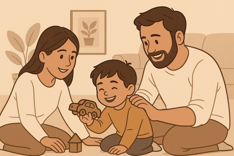 کودک خوشحال در حال بازی با والدین در فضایی آرام