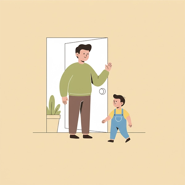 خداحافظی کوتاه و مطمئن والد با کودک کنار در ورودی خانه؛ کودک یک قدم به جلو برمی‌دارد و والد با لبخند حمایت می‌کند