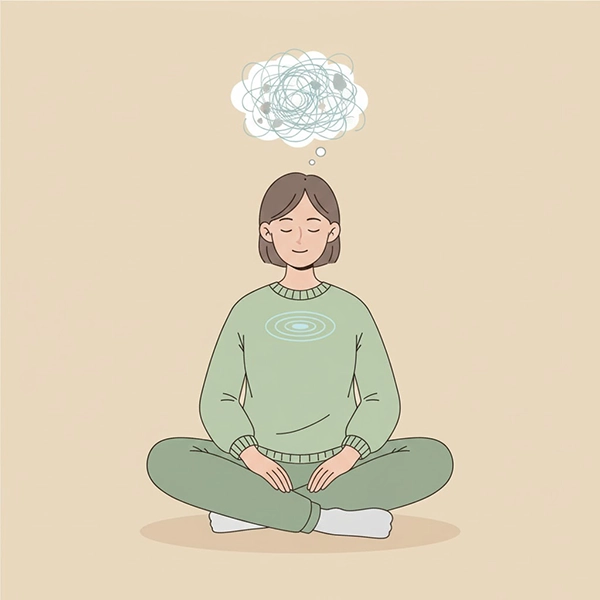 بزرگسالی که ابرِ افکارِ آشفته بالای سر دارد و با نگاهی مهربان به خود توجه می‌کند