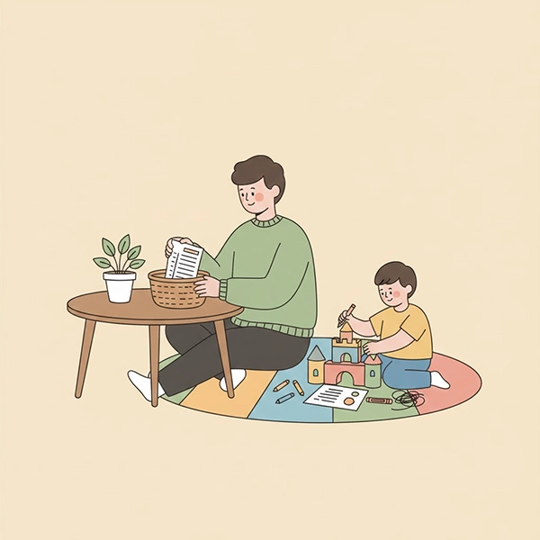 کودکی که با خیال راحت در حال بازی آزاد است و والد با لبخند برنامه فشرده را کنار می‌گذارد