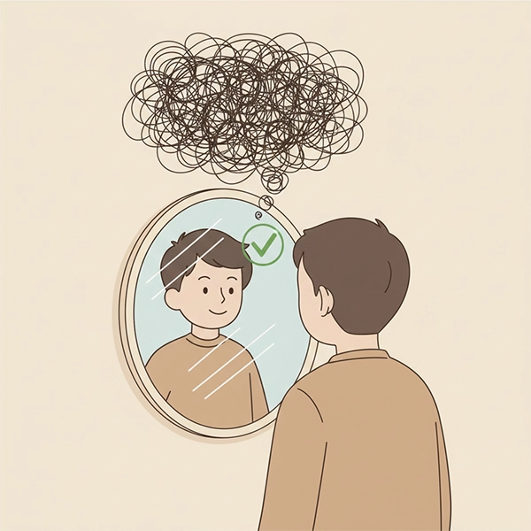 بازتاب خوداندیشی: فرد روبه‌روی آینه ایستاده و ابر گفتاری آشفته به علامت شفاف مسئولیت تبدیل می‌شود