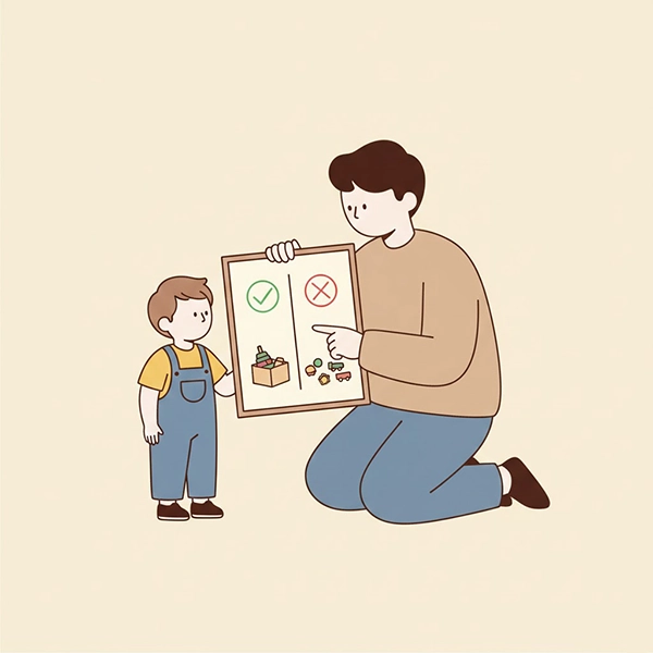 والدی که به‌جای قول گرفتن، با لبخند قانون ساده و نشانه تصویری را به کودک نشان می‌دهد