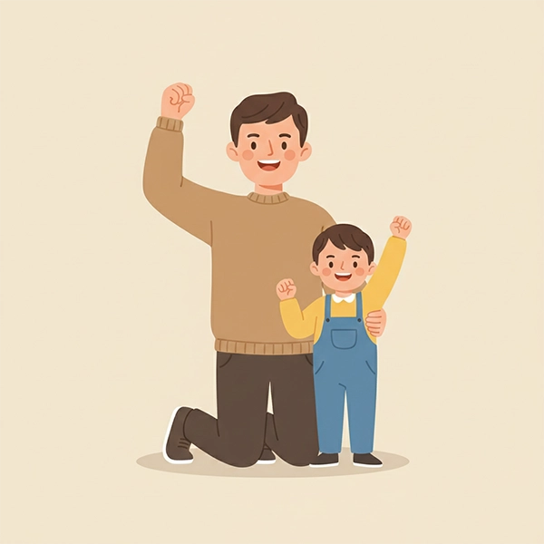 والد و کودک با حال‌وهوای امیدوارانه و ژستِ «می‌توانم»، در حال خوشحال‌کردن یکدیگر