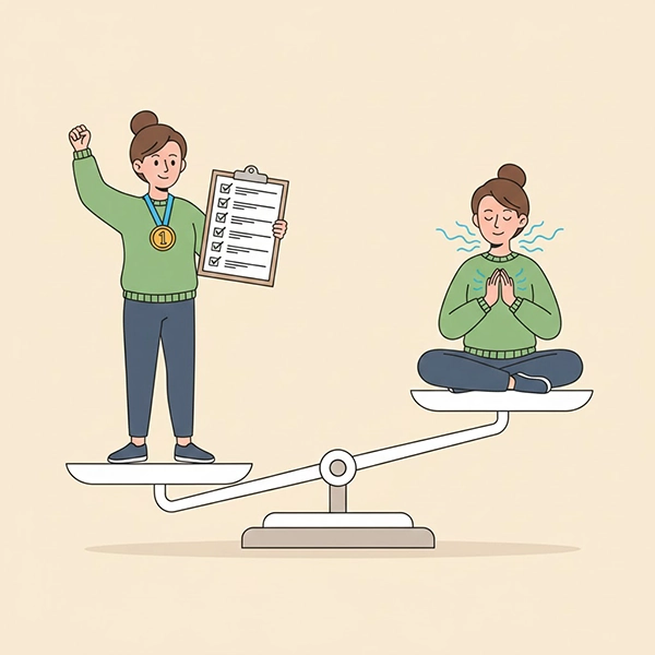 صحنهٔ نمادین دو کفه: در یک سوی مدال و تیک‌زدنِ هدف‌ها، در سوی دیگر نفس آرام و چهره‌ای متعادل