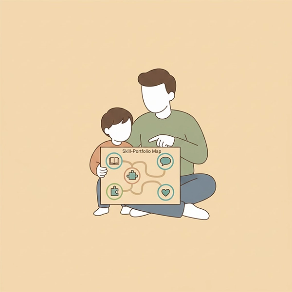 والد و کودک که یک نقشهٔ راهِ یادگیری و پورتفوی مهارت‌های شخصی را کنار هم مرور می‌کنند
