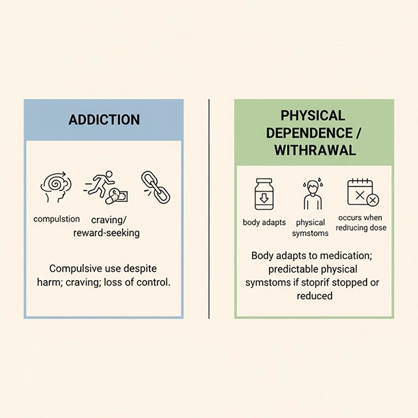 تفاوت اعتیاد با وابستگی جسمی و علائم قطع در داروهای روان‌پزشکی
