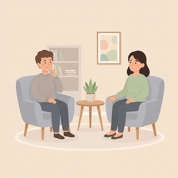 صحنهٔ آرام اتاق درمان: مراجع نشسته و درمانگر گوش‌سپار؛ حس امنیت و تمرکز بر گفت‌وگو