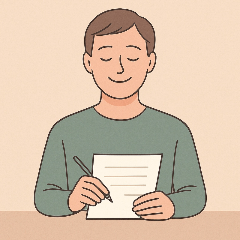 فردی که پس از نوشتن نگرانی‌ها، لبخند آرامی بر لب دارد