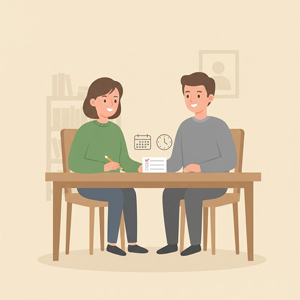 دو بزرگسال در حال نوشتن برنامهٔ جبران: چک‌لیست اقدامات، زمان‌بندی و معیارهای سنجش