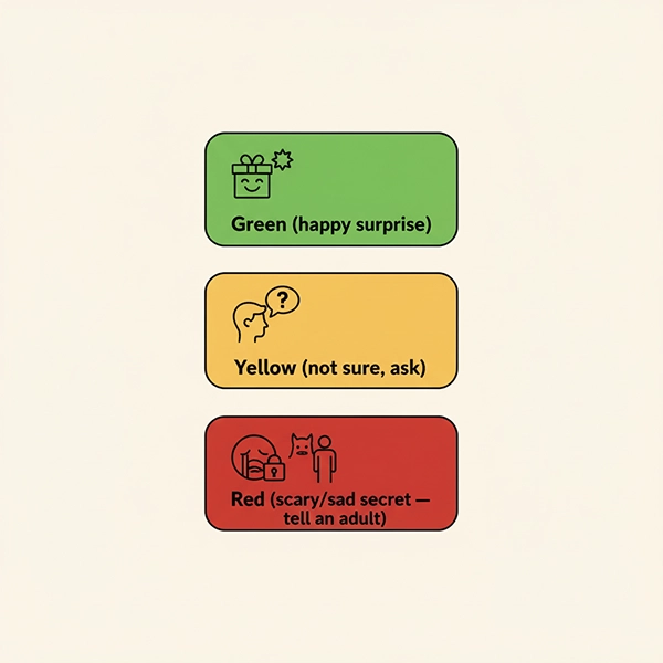 چراغ‌راهنمای رازها: سبز (غافلگیری شاد)، زرد (نامطمئن)، قرمز (ناراحت/ترسناک)؛ بگو!