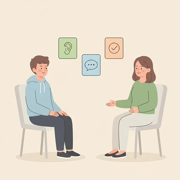 آیکون‌های کارت دیالوگ: گوش دادن فعال، حباب گفت‌وگو و تیک توافق برای نوجوان