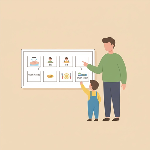 تابلوی سادهٔ روال روزانه با برچسب‌های تصویری برای کمک به یادآوری کودک